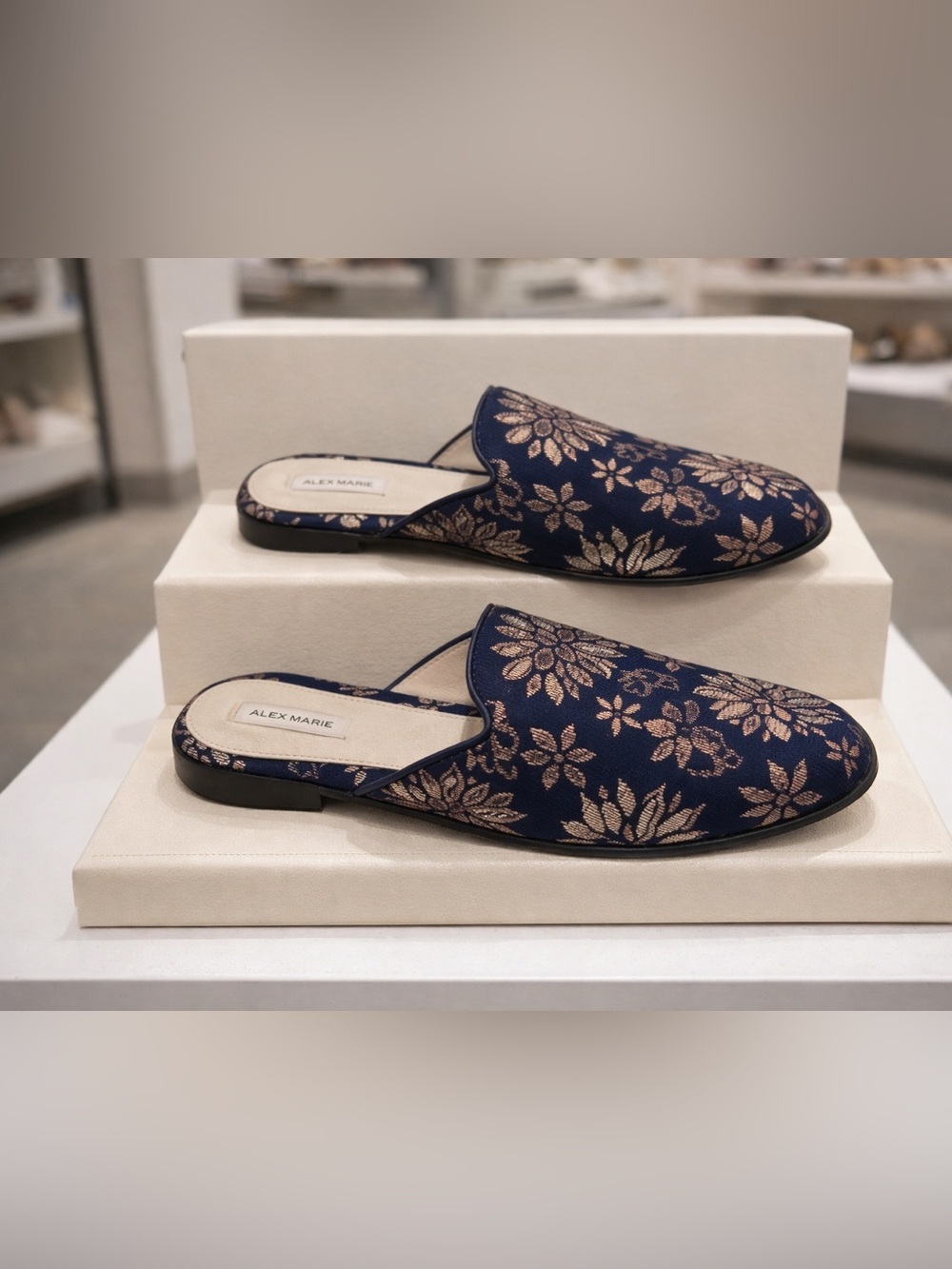 Alex Marie Navy Slip-On Mules with Metallic Floral Motif